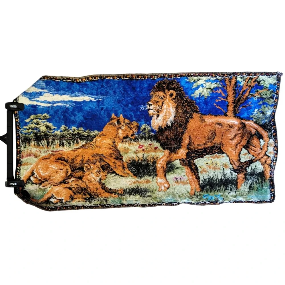 Vintage 1970s Woven Lion Tapestry Wall Hanging Retro Kitsch Boho Man Cave Decor